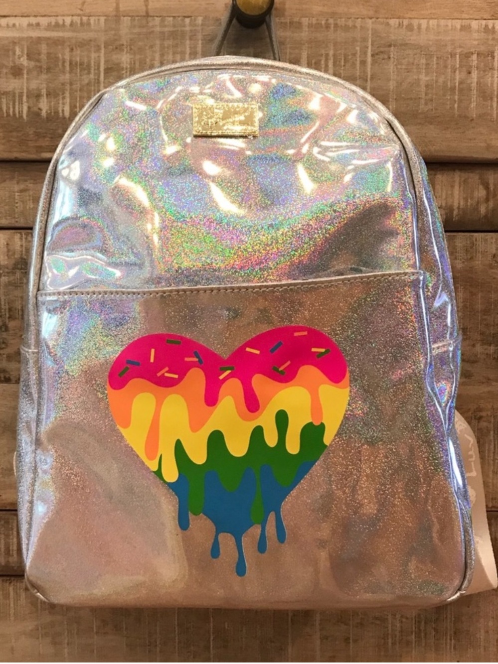 BETSEY JOHNSON Metallic Silver Rainbow Heart Sprinkle Backpack